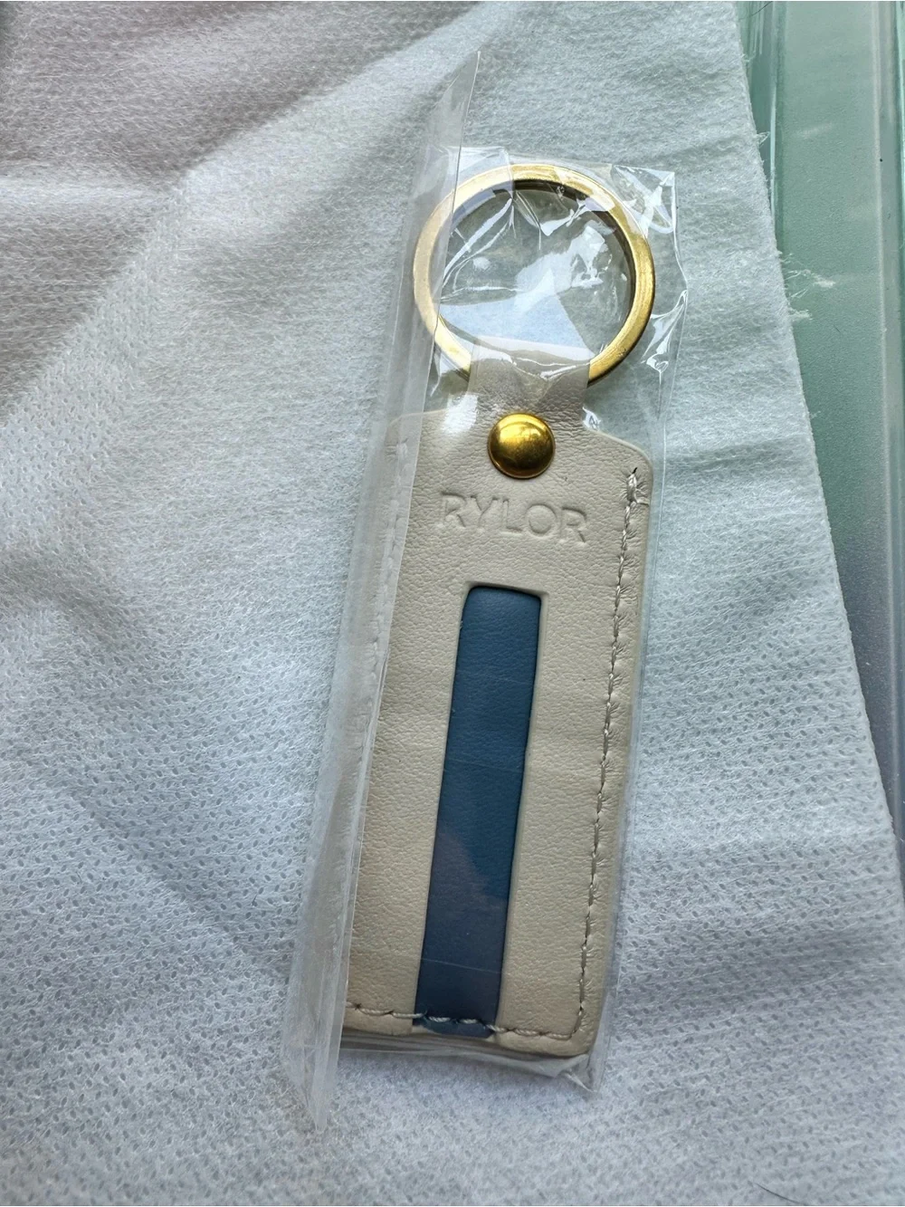 RYLOR Heritage Stripe Ivory Leather Keychain with Blue Inset and Gold Ring